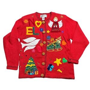 Vintage Cardigan S Red Ugly Christmas Sweater Embellished Kitchy Theme Artsy